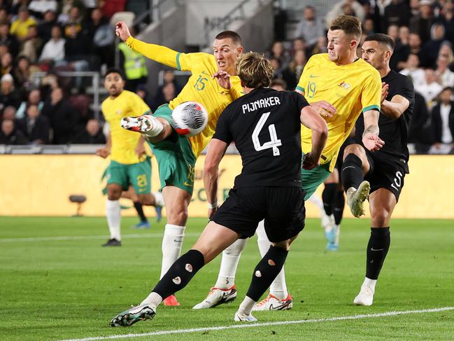 BRENTFORD, ENGLAND - OCTOBER 17: Mitchell Duke of Australia scores the team's first goal during the Trans-Tasman Trophy international friendly match between Australia Subway Socceroos and New Zealand All Whites at Gtech Community Stadium on October 17, 2023 in Brentford, England. (Photo by Ryan Pierse/Getty Images)