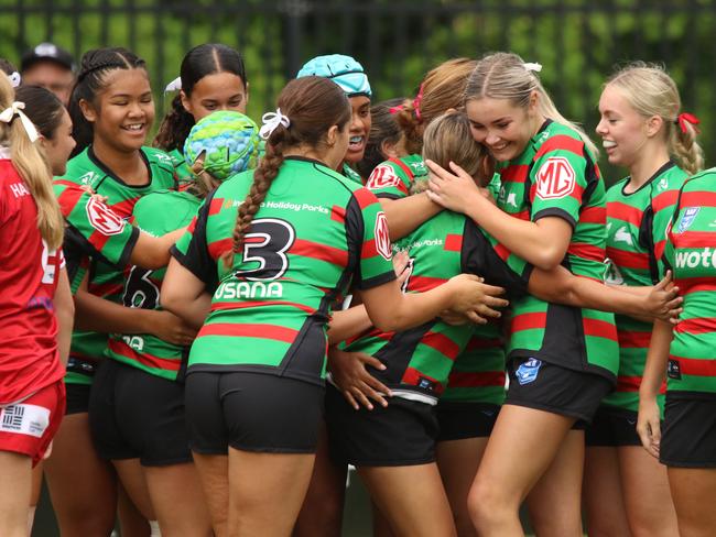 The Rabbitohs celebrate a try in the Lisa Fiaola Cup. Photo: Warren Gannon Photography