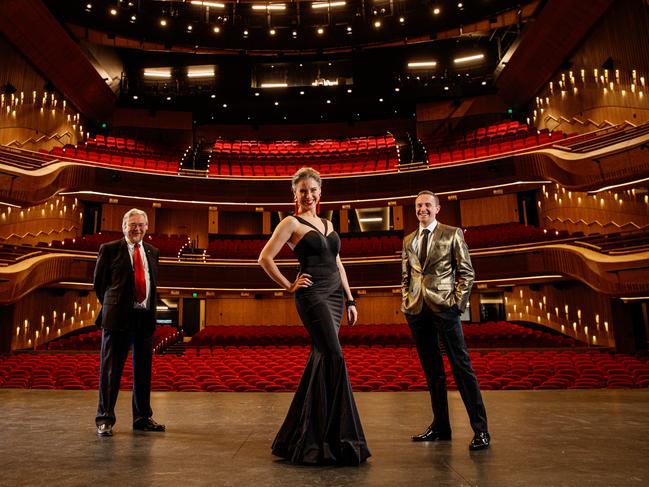 Festival CEO Douglas Gaultier with State Opera soprano Desiree Frahn and State Theatre SA Artistic Director Mitchell Butel on the stage at Her Majesty’s Theatre. Picture: Matt Turner.