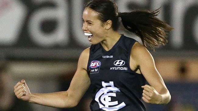 Brooke Walker of the Carlton Blues celebrates a goal during the Round 5 AFLW match between the Carlton Blues and the St Kilda Saints at Ikon Park in Melbourne, Saturday, March 7, 2020. (AAP Image/Rob Prezioso) NO ARCHIVING, EDITORIAL USE ONLY