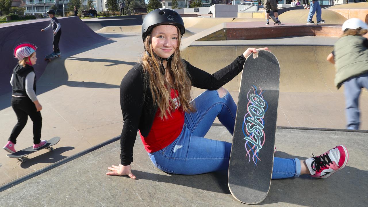 Rise in Female Skateboarders. Ella Smit 17 at the St Kilda skate park. Saturday, July 10, 2022. Picture: David Crosling