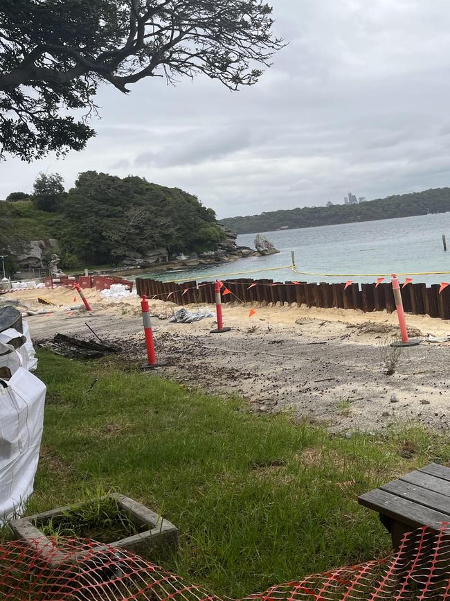 Shark Beach at Nielsen Park, with construction of the seawall, January 2023.