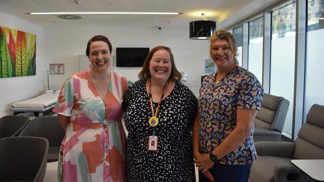 Mackay Base Hospital patient flow assistant director Emma Hess, COO Sharon Walsh, and clinical nurse consultant Kaylene Cheth at the Transit Care Hub opening on April 19. Photo: Zoe Devenport