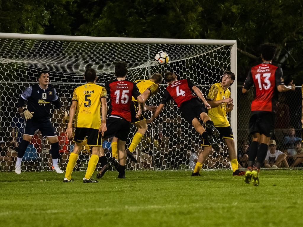 Leichhardt's Hunter Browne scores their first goal in Saturdays FNQ Premier League grand finals at Endeavour Park. Picture: Emily Barker