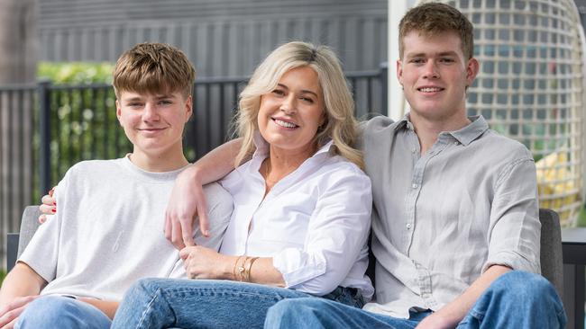 Marlo McCarthy with her sons Freddie Walshe, 17 and George Walshe, 16. Story about her diagnosis with the blood cancer myeloma. Picture: Jason Edwards