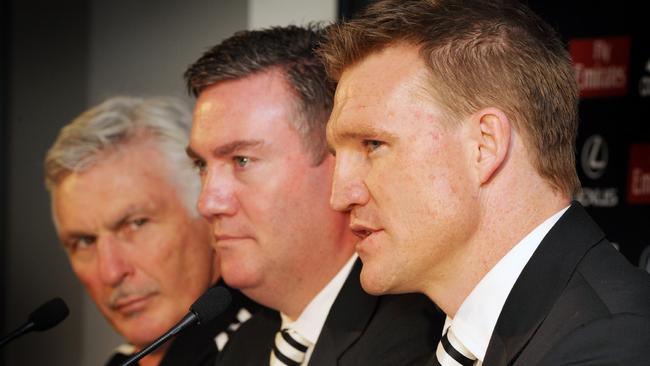 Mick Malthouse, Eddie McGuire and Nathan Buckley at the 2009 announcement of the Collingwood coaching transition. Picture: Craig Borrow