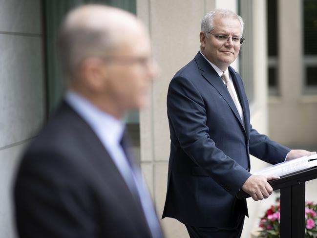 Prime Minister Scott Morrison (right) with Chief Medical Officer Professor Paul Kelly. Picture: NCA NewsWire / Gary Ramage