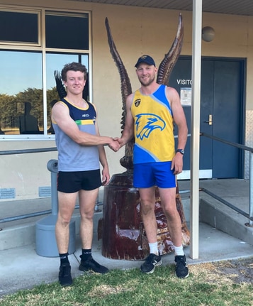 Former Glenelg player Will O'Connor (left) is among Hatherleigh's new signings for 2022 and has had a big impact as the club aims for a premiership. Picture: Hatherleigh Football Club