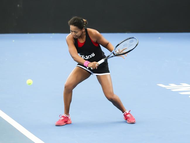 Naomi Osaka hits up at the Queensland Tennis Centre. Picture: Mark Cranitch