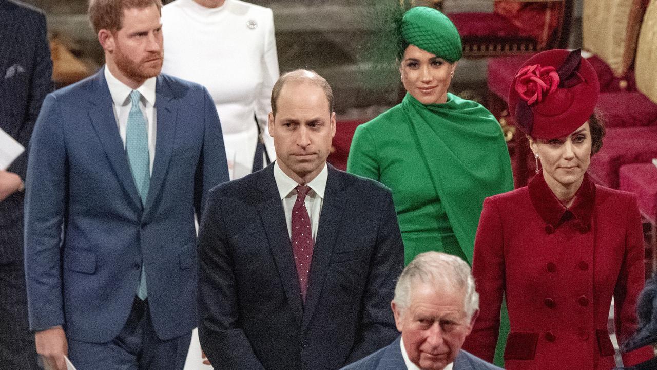 Harry, William, Meghan and Kate depart the Abbey with Prince Charles. Picture: Phil Harris / Pool via AP