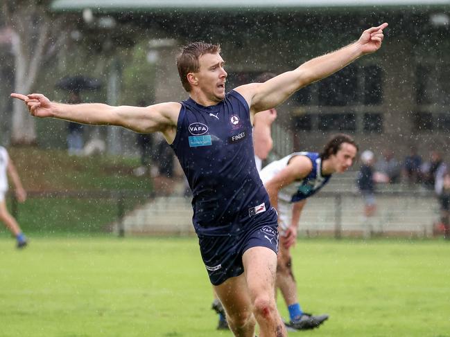 Old Melburnians v University Blues at Elsternwick Park Oval, Brighton, Melbourne, April 15th 2023. Old Melburnians E Michelmore celebrates his goal.Picture : George Sal