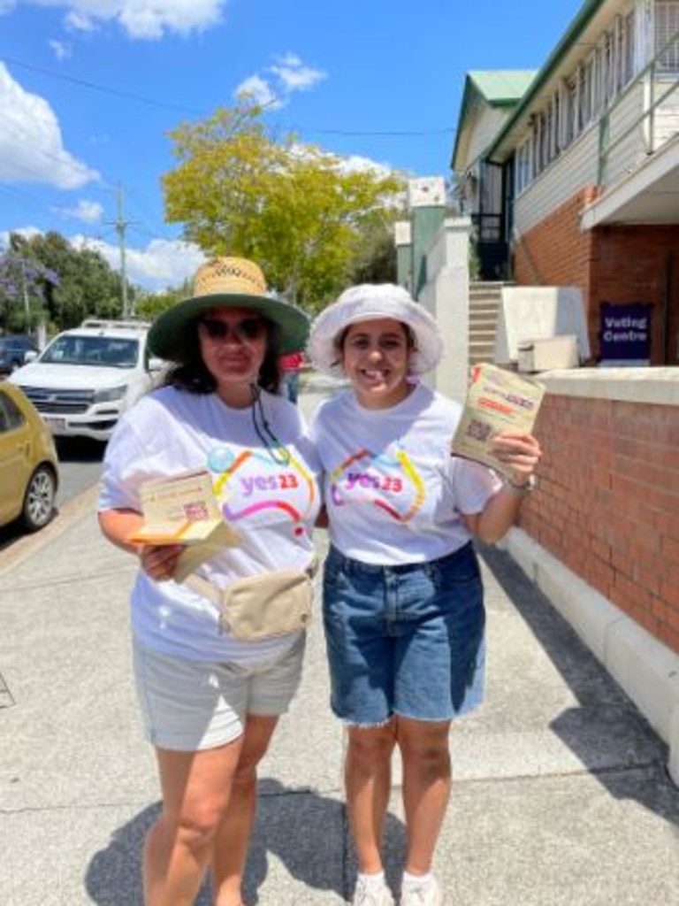 Melissa Sandon and Ella Castley at the West End Uniting Church voting booth. Picture: Elliott Turner