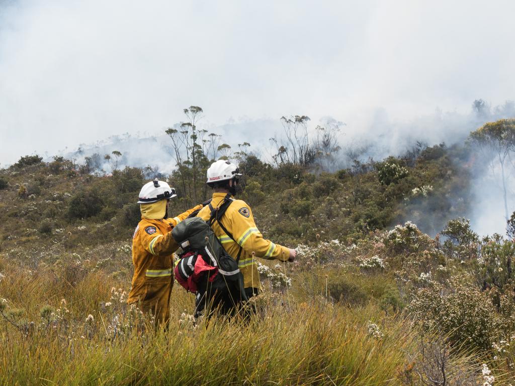 Tasmania Fire Service firefighters at the Gell River fire. Picture: WARREN FREY/TASMANIA FIRE SERVICE