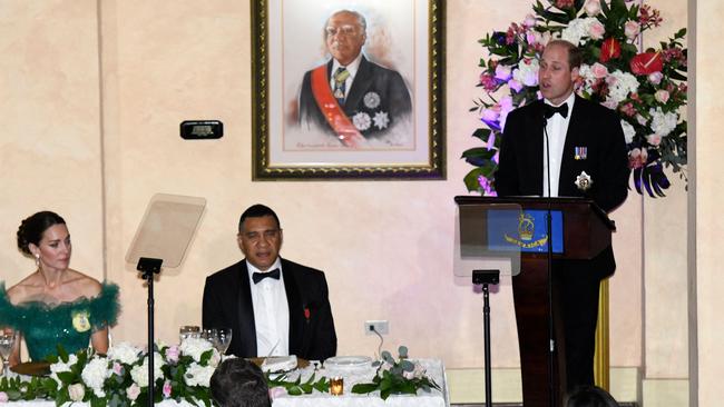 Prince William delivers a speech, flanked by Catherine, the Duchess of Cambridge, and Jamaican Prime Minister Andrew Holness. Picture: Ricardo Makyn/AFP