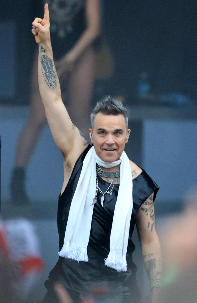 Robbie Williams entertains the crowd at a Day on the Green in Victoria. Picture: Mark Wilson