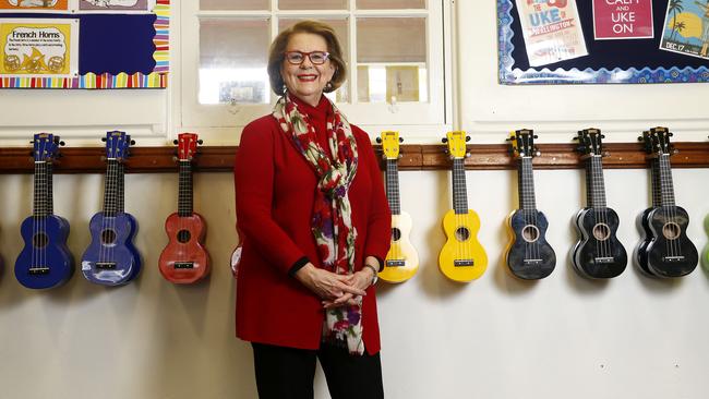 Famous Australian soprano Yvonne Kenny in the music room of her old school , Northbridge Public, on a visit to meet the students and listen to the choir. Picture: John Appleyard