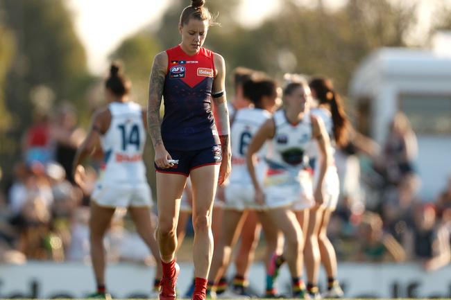 Melbourne’s Bianca Jakobsson looks dejected after an AFLW loss to the Adelaide Crows at Casey Fields in Melbourne, Australia. Picture: Michael Willson/Getty