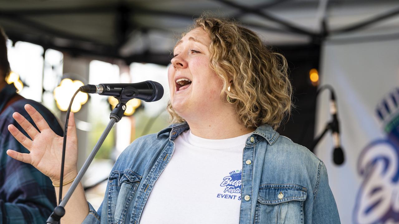 On stage with the River Movement is Jenna Huggins for the Toowoomba Busking Festival, Saturday, April 30, 2022. Picture: Kevin Farmer