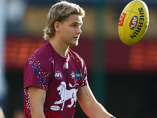 BRISBANE, AUSTRALIA - JULY 07: Will Ashcroft of the Lions warms up prior to the round 17 AFL match between Brisbane Lions and Adelaide Crows at The Gabba, on July 07, 2024, in Brisbane, Australia. (Photo by Chris Hyde/AFL Photos/via Getty Images)