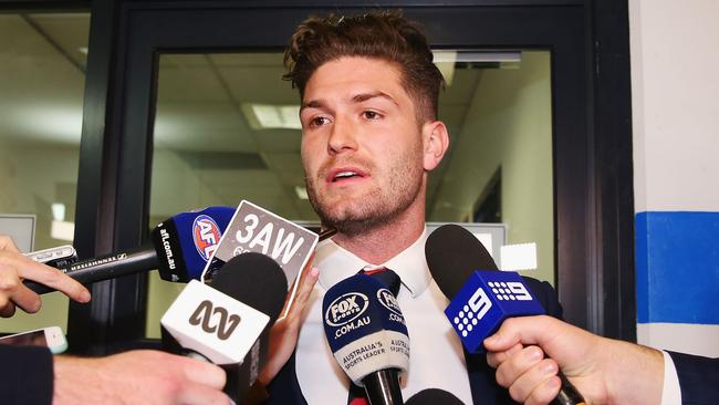 Tom Bugg makes a statement after receiving a six week suspension. Picture: Getty Images