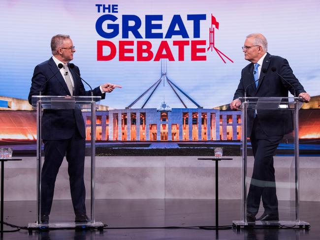 Anthony Albanese and Scott Morrison at the debate. Picture: James Brickwood – Pool/Getty Images