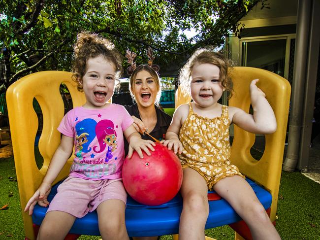 Three-year-olds Layke and Isabella with educator Shanelle Everest. Picture: Nigel Hallett