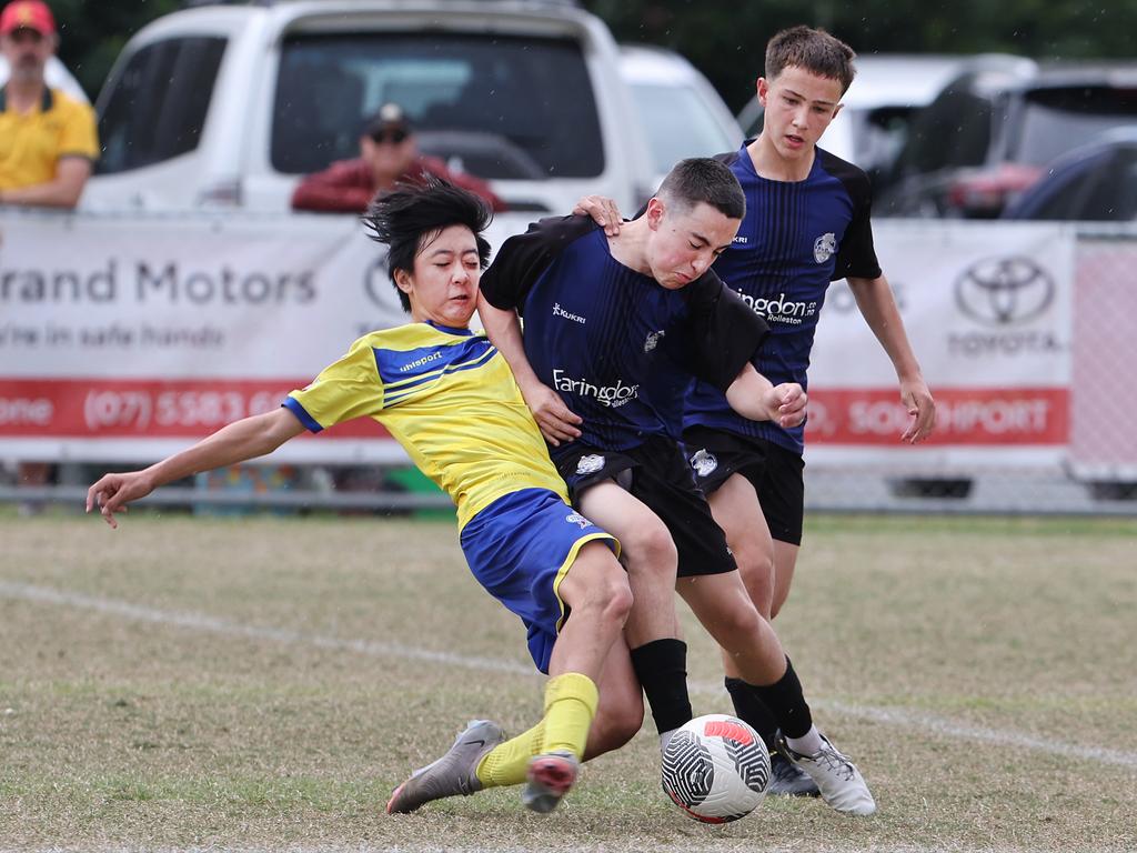 Premier Invitational Football 2024 tournament at Glennon Park Nerang. Field 1...Selwyn Utd (blue) V Brisbane Strikers (Yellow). Picture Glenn Hampson