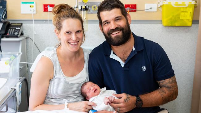 Katelyn and Matt with their newborn son Jasper, born on January 22 this year. Picture: Emma Murray