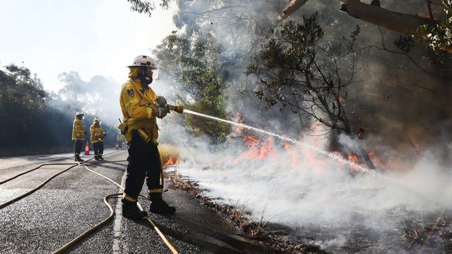 NSW Rural Fire Service member assists a hazard reduction burn in the Royal National Park at Sutherland. Picture: Richard Dobson