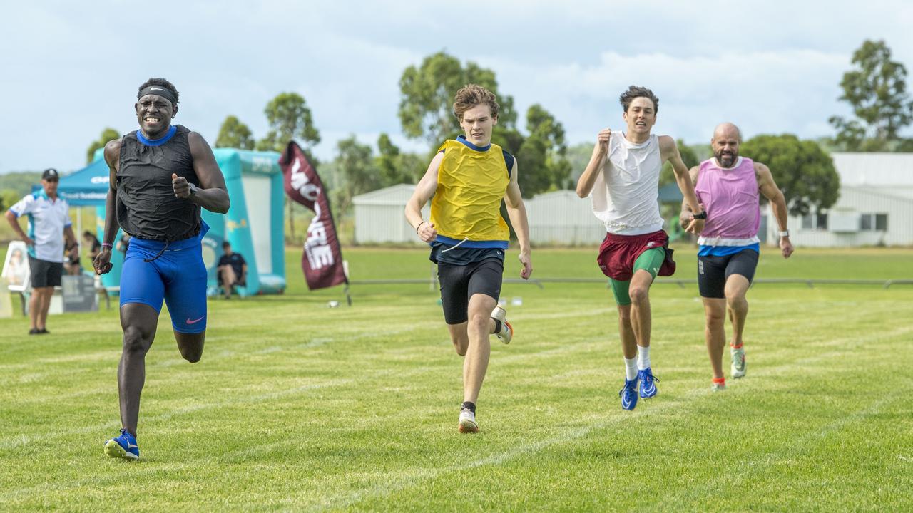 Anas Abu Ganaba (far left) wins the John 'Cracker'&#147; McDonald 300 metres open. The Arthur Postle Gift at Pittsworth. Saturday 18th January, 2025. Picture: Nev Madsen.