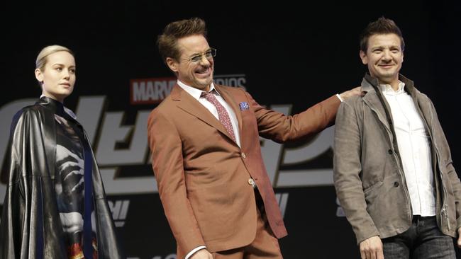 Larson with her Avengers: Endgame co-stars Robert Downey Jr (Iron Man) and Jeremey Renner (Hawkeye) as the Asian press day in Seoul, Korea. Picture: AP Photo/Ahn Young-joon