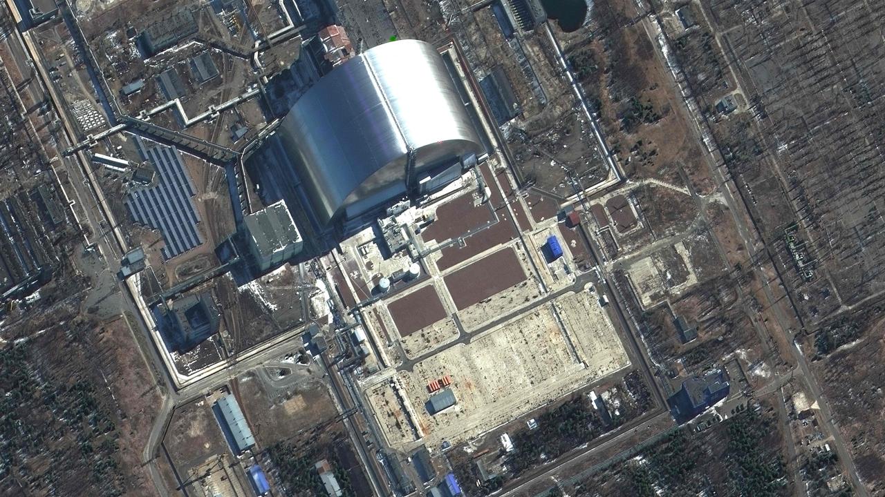 This Maxar satellite image taken shows a close-up view of the Chernobyl Nuclear Power Plant in Pripyat, Ukraine.