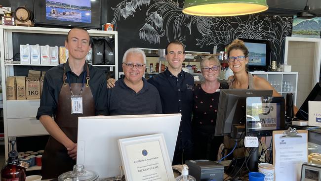 Mat Goodacre, Felix Laspina (general manager), David Laspina, Cheryl Hinton and Charlie Martin pictured behind the counter at Brew Haven. Picture: Gemma Ferguson