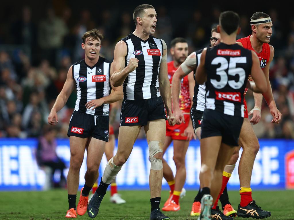 GOLD COAST, AUSTRALIA - JULY 01: Darcy Cameron of the Magpies celebrates a goal during the round 16 AFL match between Gold Coast Suns and Collingwood Magpies at Heritage Bank Stadium, on July 01, 2023, in Gold Coast, Australia. (Photo by Chris Hyde/AFL Photos/via Getty Images)