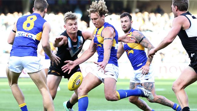 Eagles Brownlow Medallist Matt Priddis’s duel against Brad Ebert, far right, will be pivotal. Picture: Sarah Reed