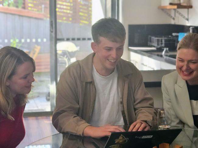 Labor Clark candidate Heidi Heck with graduate Liam Mclaren and Labor Franklin candidate Julie Collins at South Hobart on Wednesday, April 30, 2025.
