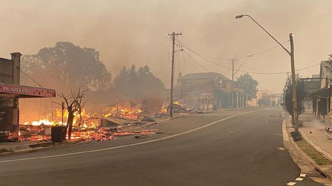 The main street of Cobargo as fire ripped through on Tuesday. Picture: Twitter