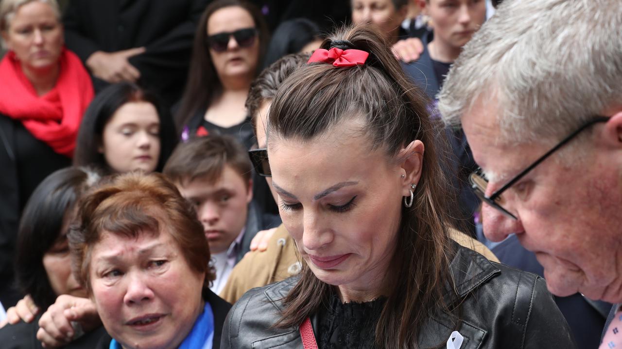 Lee Little and daughter Lauren Little (centre) after Evans received a short sentence for causing Alicia’s death. Picture: David Crosling