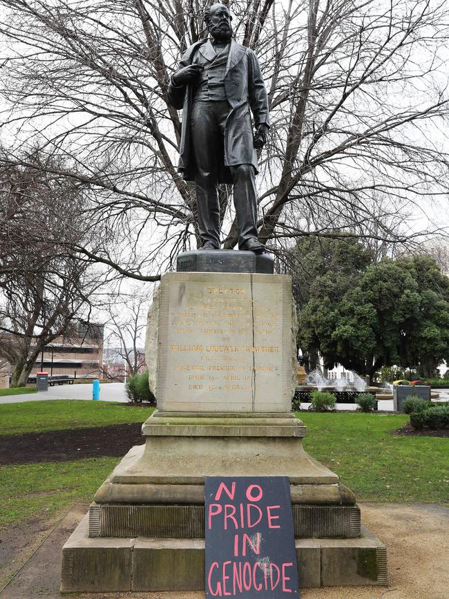 Sign placed at the William Crowther statue in Franklin Square Hobart. Picture: Nikki Davis-Jones