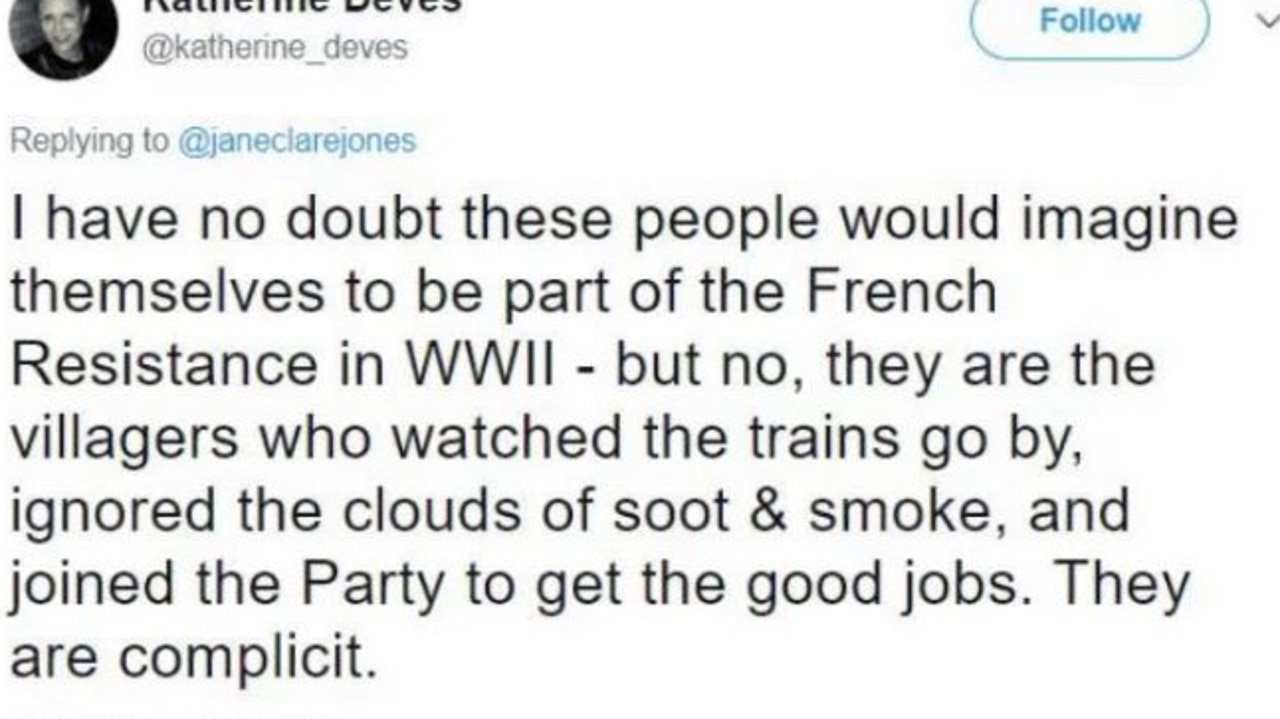 In another new reference to the Holocaust (above), Ms Deves suggested those that fail to fight the move towards gender fluidity are no different to those that watched the trains go past with Jews to concentration camps