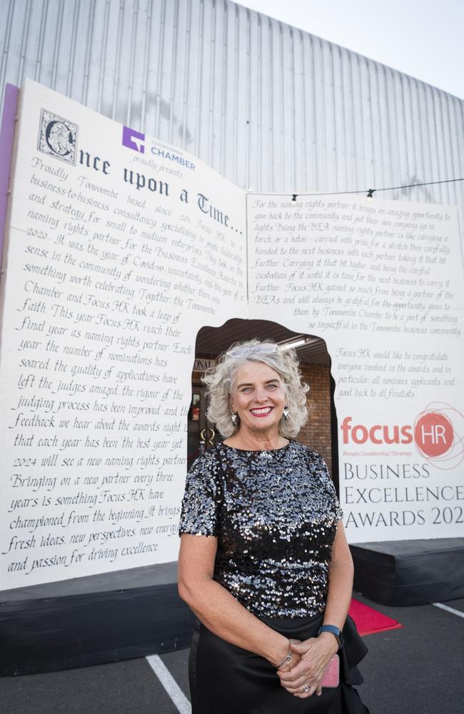 Jo Capp with the giant story book welcoming guests to the Focus HR Business Excellence Awards 2023 hosted by Toowoomba Chamber at Rumours International, Saturday, October 21, 2023. Picture: Kevin Farmer