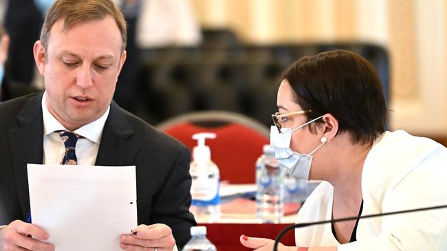 Then Deputy Premier Steven Miles with chief of staff Danielle Cohen during an Economics and Governance Committee estimates hearing at Parliament House in 2022. Picture: NCA NewsWire / Dan Peled