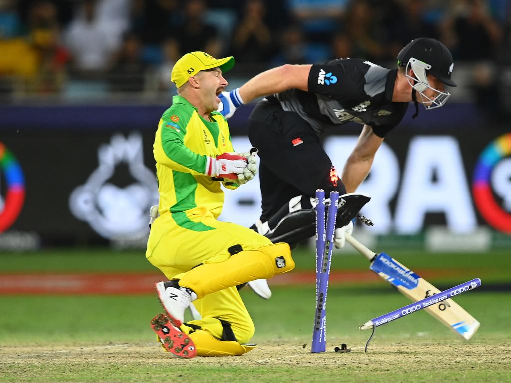 Matthew Wade was in pain when keeping against New Zealand during the ICC Men's T20 World Cup final. Picture: Alex Davidson/Getty Images