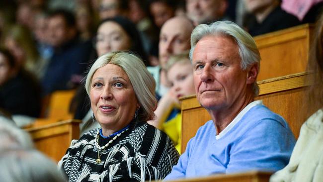 Swedish tennis legend Bjorn Borg and his wife Patricia Ostfeldt watch their son Leo Borg in the Davis Cup (Photo by Jonas EKSTROMER / TT NEWS AGENCY / AFP).