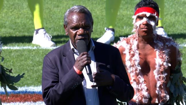 Benedict Stevens performs yet another Welcome to Country at an AFL match between Melbourne and Fremantle. Picture: Fox Footy