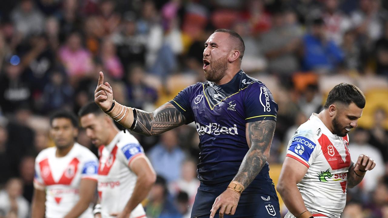 BRISBANE, AUSTRALIA - MAY 16: Nelson Asofa-Solomona of the Storm celebrates scoring a try during the round 10 NRL match between the Melbourne Storm and the St George Illawarra Dragons at Suncorp Stadium, on May 16, 2021, in Brisbane, Australia. (Photo by Albert Perez/Getty Images)