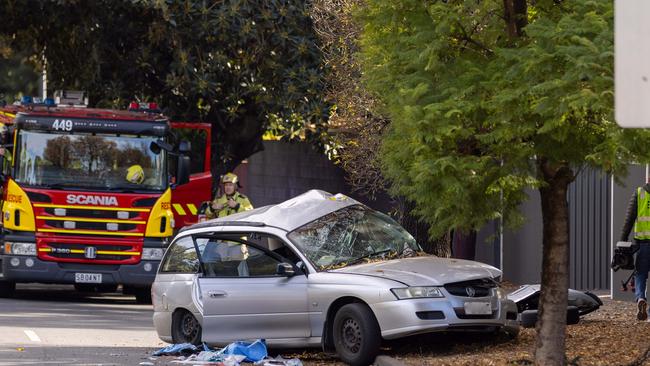 The scene of the serious crash on Belair Rd, Torrens Park. Picture: NewsWire/Ben Clark