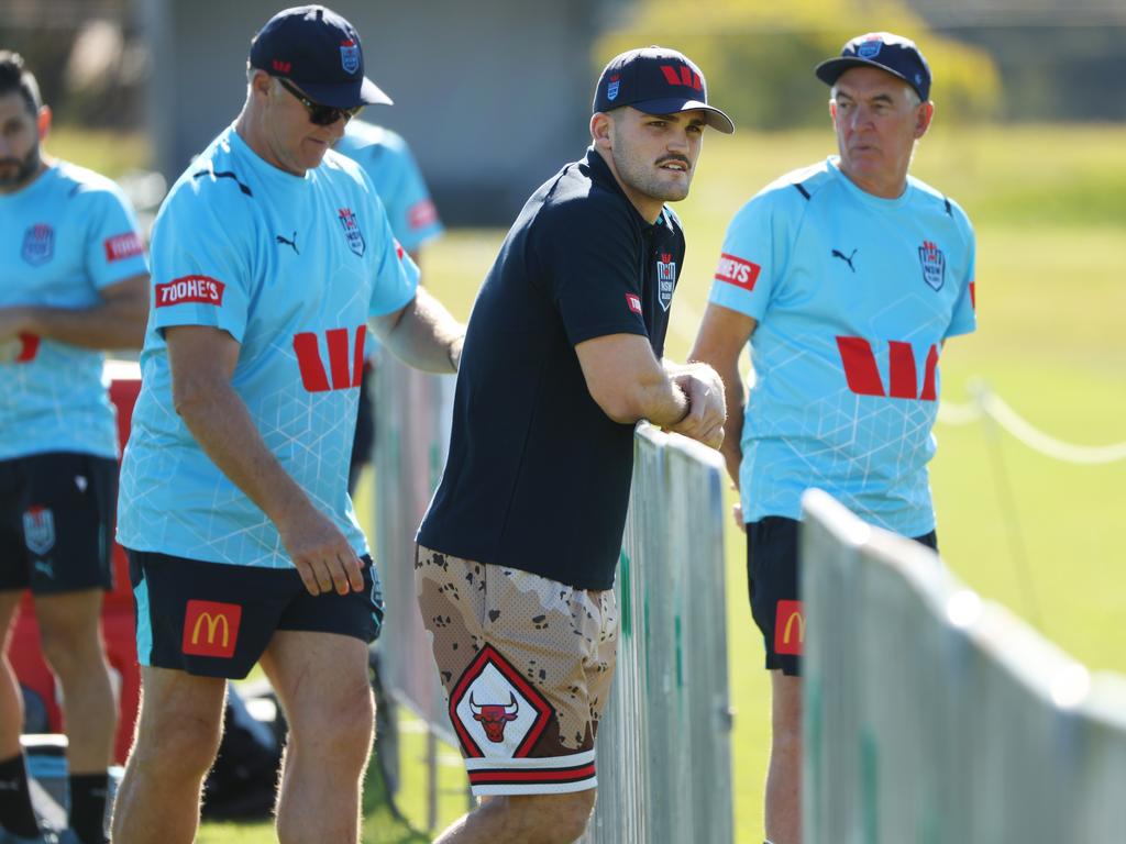 Nathan Cleary watches the NSW Blues State of Origin Team training session at Leura. Picture: Rohan Kelly