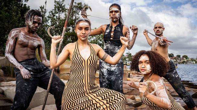 Indigenous dancers Ephraim Bani, Alira Morgan, Tara Simpson, Maci Johnson and Phil Walford at the Barangaroo Australia Day Celebrations. Picture: Tom Parrish