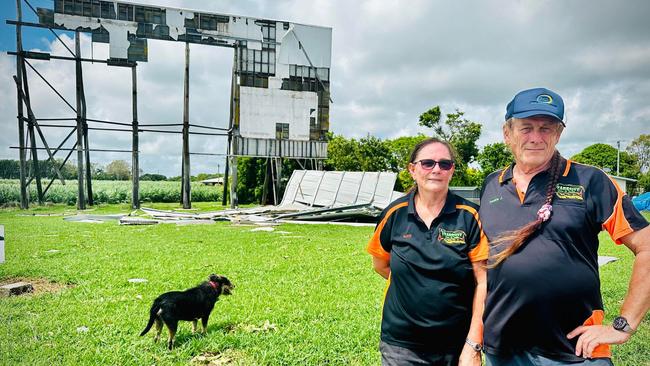 Frank and Suzzi Jerkic survey the Damage left behind by Cyclone Kirrily at the Stardust Drive-In. Picture: Cas Garvey